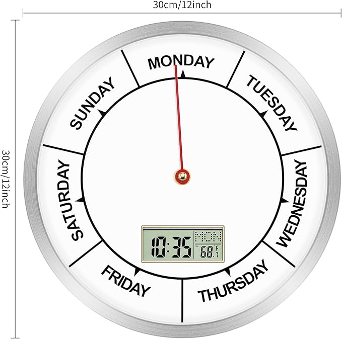 Foxtop Day of The Week Clock for Seniors, Digital Wall Clock with Time, Battery Operated Round 12 Inch Silver Wall Clock for Classroom Office Bedroom Home, Ideal Retirement Gift for Men & Women