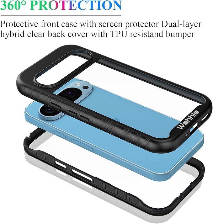 wahhle Compatible with Google Pixel 9/9 Pro Case, Built in Screen Protector Full Body Shockproof Slim Fit Bumper Protective Phone Cover for Men Women-Black/Clear