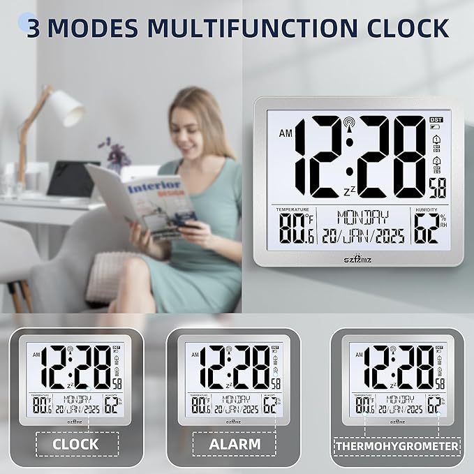 Digital Wall Clock Battery Operated with Backlight, Atomic Alarm Clocks with Indoor Temperature & Humidity for Bedrooms, Office, 8.5" Small Desk Clock with Large Display for Seniors, Auto DST, Sliver