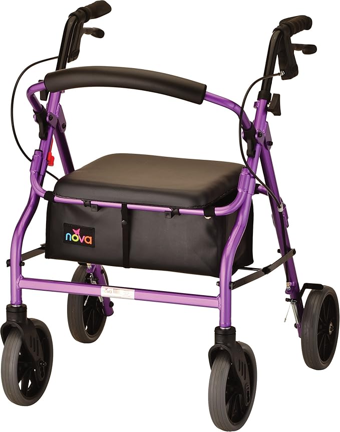 NOVA Zoom 20 Rollator Walker for Seniors, Rolling Walker with Locking Hand Brakes, Padded Seat & 8" Wheels, Lock N Load for Easy Transport & Storage, Adjustable Height 5'2"–5'8", Purple