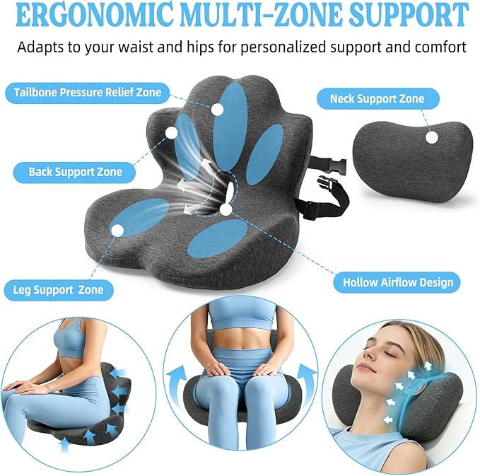3-in-1 Memory Foam Seat Cushion & Headrest Pillow with Lumbar Support L-Shaped Ergonomic Driver Seat Cushions Design for Sciatica and Tailbone Pain Relief Comfort for Car, Truck,Office,Chair