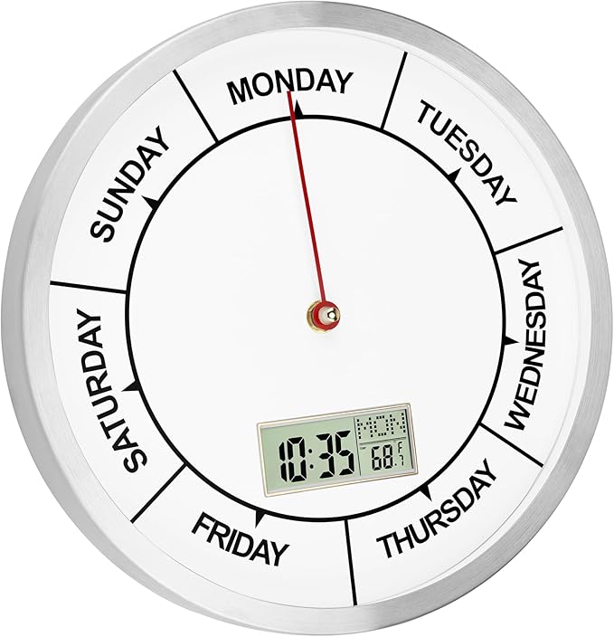 Foxtop Day of The Week Clock for Seniors, Digital Wall Clock with Time, Battery Operated Round 12 Inch Silver Wall Clock for Classroom Office Bedroom Home, Ideal Retirement Gift for Men & Women