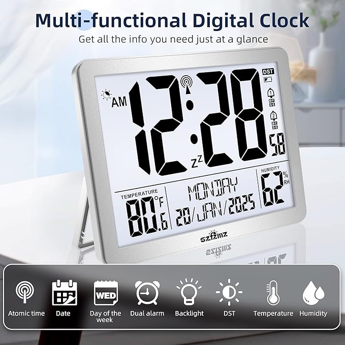 Digital Wall Clock Battery Operated with Backlight, Atomic Alarm Clocks with Indoor Temperature & Humidity for Bedrooms, Office, 8.5" Small Desk Clock with Large Display for Seniors, Auto DST, Sliver