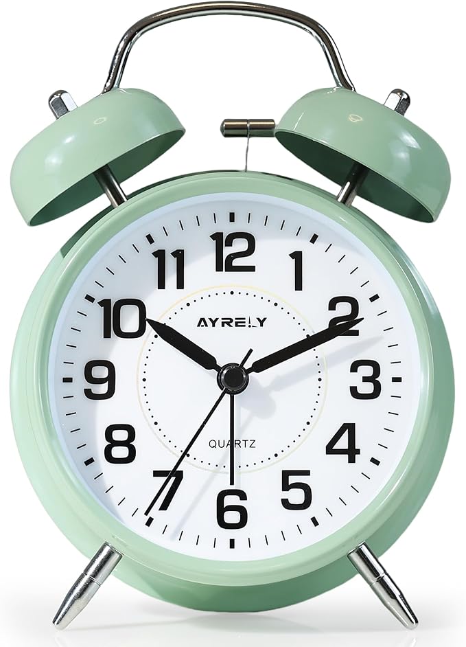 AYRELY® Super Loud Twin Bell Alarm Clock for Heavy Sleepers, 4-Inch Silent Non-Ticking Quartz with Backlight, Metal Cute Clock for Kids' Rooms (Sage Green)
