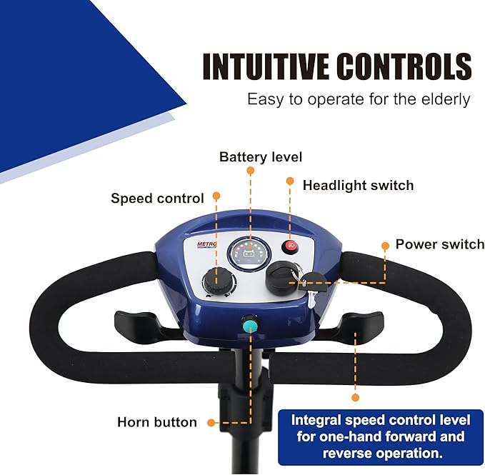 Metro Mobility 4 Wheel Foldable Mobility Scooter for Adults - 300 lbs Capacity Electric Mobility Scooters for Seniors - Long Range Power Extended Battery with Thickened Seat and Front LED Light - Blue