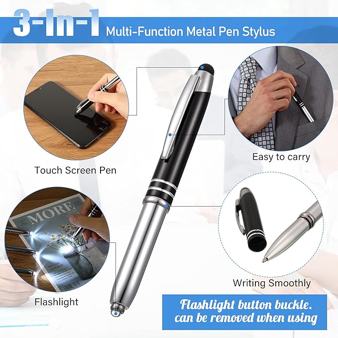 Zonon 15 Pieces 3 in 1 Ballpoint Pen with LED Flashlight and Stylus Tip Multi-Function Capacitive Pen, 1.0 mm Black Ink Metal Ballpoint for Touch Screens Nurse Teacher Gifts(Delicate Colors)