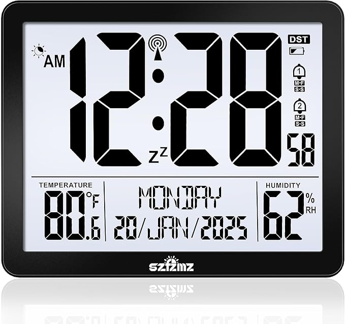 Atomic Digital Wall Clock Battery Operated with Backlight, Desk Clocks with Indoor Temperature & Humidity, 8.5" Small Alarm Clock with Date and Day of Week for Bedrooms, Living Room, Auto DST, Black