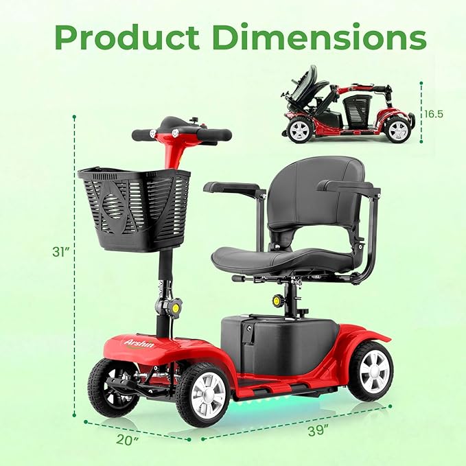 Mobility Scooter for Adults, 4 Wheels Lightweight Scooter, Foldable Mobility Scooter Long Range for Travel, Adults, Elderly, Supports 300 lbs, Powered Wheelchair with Charger & Basket (red red)