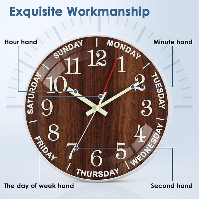 QINFIEY 12 Inch Day of Week Wall Clock, Non Ticking Modern Clocks Battery Operated，Analog Day Clock for Seniors Eldly，Classic for Office Home Classroom School Living Room,Unique Gift Clock(Brown)