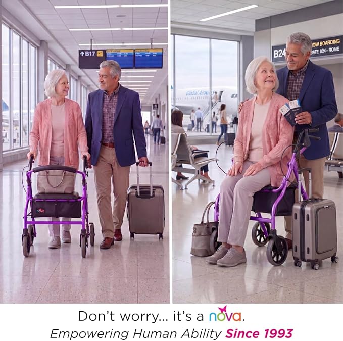 NOVA Zoom 20 Rollator Walker for Seniors, Rolling Walker with Locking Hand Brakes, Padded Seat & 8" Wheels, Lock N Load for Easy Transport & Storage, Adjustable Height 5'2"–5'8", Purple