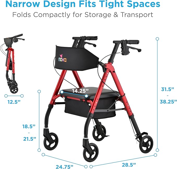 NOVA Star 6 Foldable Rollator Walker for Seniors, Wide Padded Backrest with Seat, 6” All-Terrain Wheels, Easy-Grip Locking Hand Brakes, Height Adjustable, Red