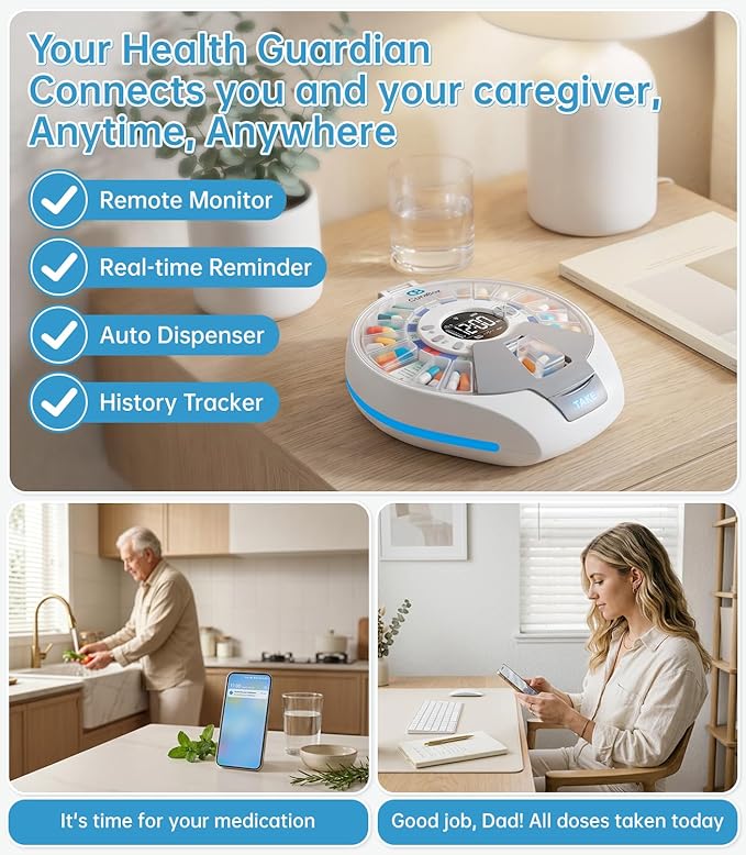 Wi-Fi Automatic Pill Dispenser Smart Medication Assistant for Seniors & Caregivers with 21 Individual Pods, Alarms & Sound Light Reminders, Remote Monitoring & Tracks Adherence History, Key Lock