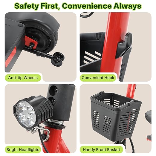 Hoverfly T3 Folding Powered Mobility Scooter for Seniors, Portable 3-Wheel E-Scooter with Seat, 13-Mile Range Safe LiFePO4 Battery, 264 lbs Load &Solid 8" Tires, Fits in Car Trunks for Daily Rides Red