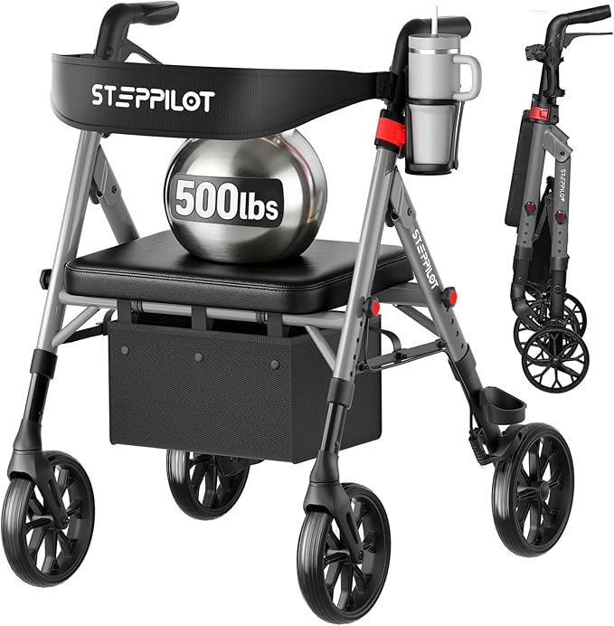Bariatric Rollator Walker with Seat for Seniors, 500lb Capacity Aluminum Frame, Zero Wobble, 16lb Lightweight, 8" All Terrain Wheels, 10-Level Adjustable Handle/Seat, Cup Holder, Cane Clip