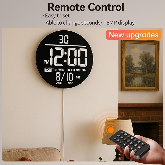 JALL 10" Large Digital Wall Clock with Seconds, Alarm Countdown Timer, Big LED Display, RGB Color, DST, Temperature, Mounted for Bedroom Living Room Office Classroom Gym, Xmas Birthday Gift, Blue