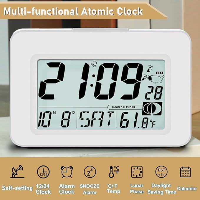Handy Atomic Alarm Clock - 6'' Battery Operated Digital Clock with Seconds, Self-Setting, Auto Sync, DST, Selectable Time Zones,Portable Travel Desk Clock with 5s Touch Backlight for Bedroom（White)