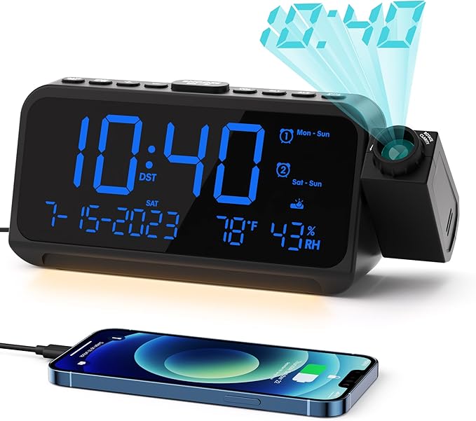 ROCAM Projection Alarm Clock for Bedroom Ceiling, Digital Clock with 180° Projector with 5-Level Dimmer, Dual Loud Alarm with Weekend/Weekday Mode, Date, Temp, Humidity, Night Light, DST, Snooze