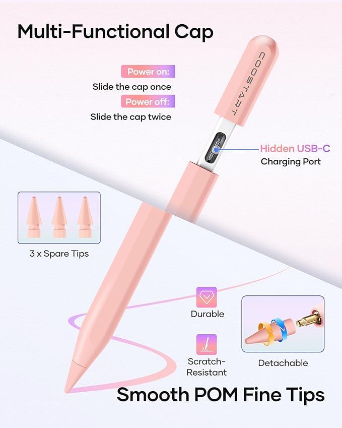 Stylus Pen for iPad 9th&10th Generation, 5 Mins Fast Charging Active Pencil Work for 2018-2024 iPad 6/7/8/9/10, Air 3/4/5, Mini 5/6, Pro 11"/12.9", Pink