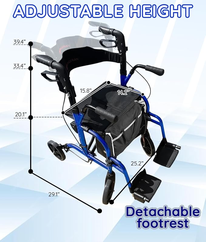 2 in 1 All Terrain Compact Travel Rolling Walker with Ergonomic Seat & Brakes - Lightweight Foldable Rollator for Seniors & Adults - Adjustable Height & Detachable Footrest Included (Blue)
