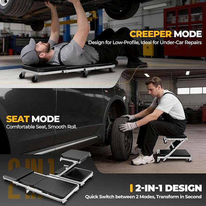 Auto Dynasty 36" Z-Creeper Seat, 2-in-1 Foldable Garage Creeper Shop Seat, 330 LBS Capacity Automotive Mechanic Repair Under Car Rolling Creeper Seat, Silver
