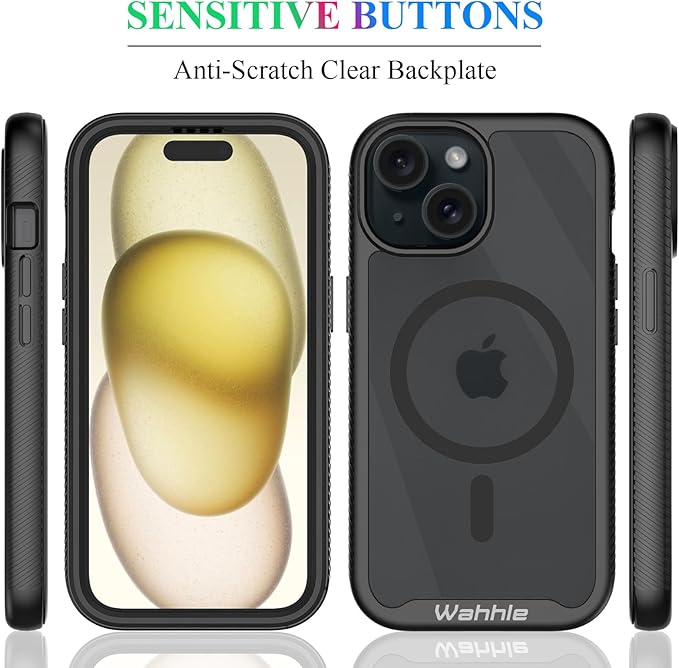 wahhle Compatible with iPhone 15 Plus Case, Magnetic Wireless Charging Built in Screen Protector Full Body Shockproof Slim Fit Bumper Protective Phone Cover 6.7'' Men Women-Black/Clear