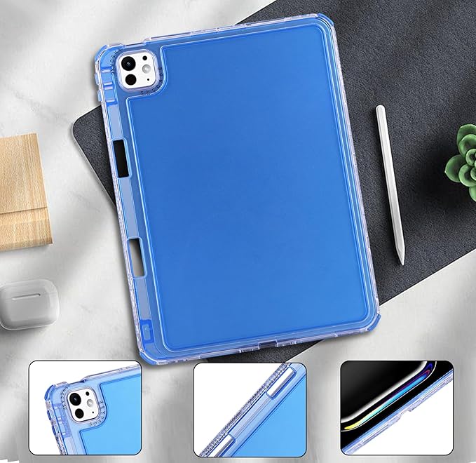 Dteck for iPad Pro/Air 13" (M5/M4/M3/M2), Pro 12.9" (6th/5th/4th/3rd Gen) Clear Case with Pencil Holder/Screen Protector Film/Stylus, 3 Layers Protective Lightweight Slim Cute Transparent Cover, Blue