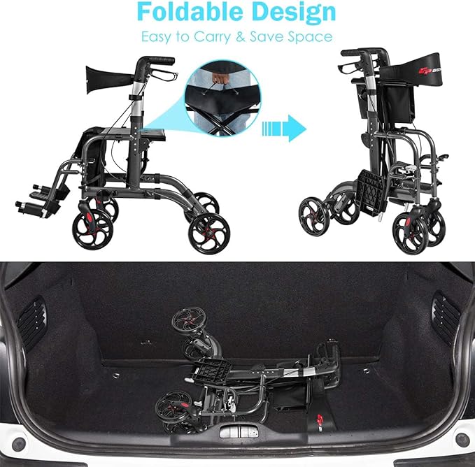 GOPLUS 2 in 1 Rollator Walkers for Seniors, Folding Rollator Walker with Seat, 8-inch Wheel Medical Drive Walker Wheelchair Combo with Backrest, Adjustable Handle for Adults, Aluminium Frame