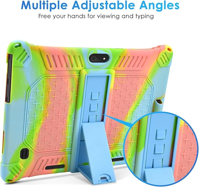 DETUOSI Case for YELLYOUTH 10.1 Tablet, Soft Silicone Lightweight Case Compatible with Dragon Touch Notepad K10, ZONKO 10.1, Beyond Tab 10.1, with Stylus Pen and Shoulder Strap, Orange Pink Blue