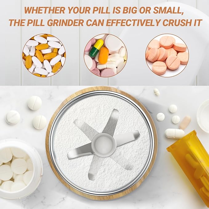 COOL KNIGHT Electric Pill Crusher, 150W 110V Corded Pill Grinder, Tablet Pulverizer for Small and Large Meds and Vitamins, 304 Stainless Steel Cup and Blades, Lid Seal to Reduce Mess, M150H