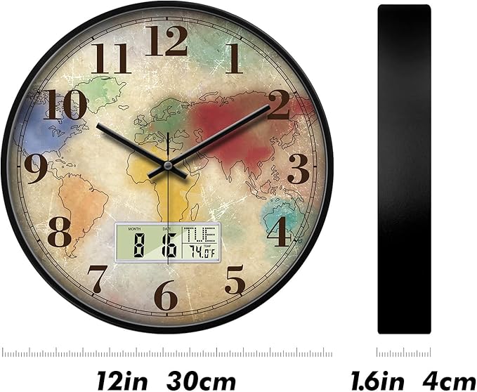 12'' Silent Non-Ticking Vintage Distressed World Map Wall Clock, Battery Operated Analog with LCD Date Day Temp Display, Retro Decor for Home Office Bar Man Cave Classroom