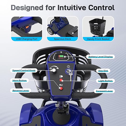 Hoverfly T4 Mobility Scooter for Seniors, Max 12.4-Mile Range & 3.7 mph, 3-Position Seat & Anti-slip Rear Wheel, Removed Battery&Quick Fold Design, Solid 9" Tire&330 lb Capacity, Ease of Assembly Blue