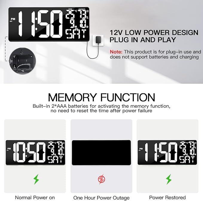 18 Inch Oversized Digital Wall Clock with Remote Control, Auto-Dimming, Temperature, Date/Day of Week, Large Display, Multi-Functional, White