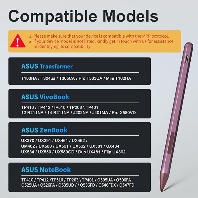 Stylus Pen for ASUS Transformer/Mini/ASUS Zenbook Flip/Pro/ASUS Vivobook Flip/Pro/Duo/ASUS Notebook, Rechargeable MPP 2.0 Tilt Active Pen with 4096 Pressure Sensitivity, Tpye-c Charge, Red