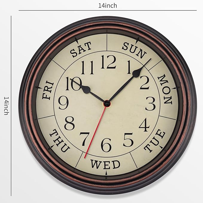 Foxtop Day of The Week Wall Clock for Seniors, 14 Inch Classic Silent Day Wall Clock for Office Home, Ideal Retirement Gift for Men & Women (Bronze)