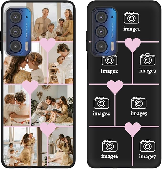 Personalized Photo Case for Motorola Moto Edge 2021 6.8 inch, Thin Slim Soft Rubber Black Phone Cover, Custom Picture Collage Pink Heart Cute Case for Women Girl, Gift for Birthday Anniversary
