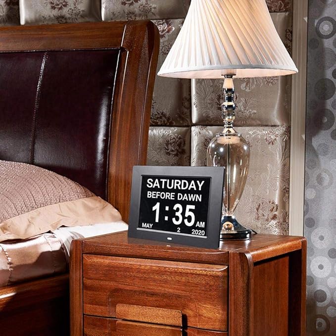 Yescom 8 Inch Large Digital Calendar LCD Day Clock for Elderly, 8 Alarms Options Dimmable Dementia Clock for Seniors Day & Date w/Large Number,Easy to Read, Home Wall Table Black