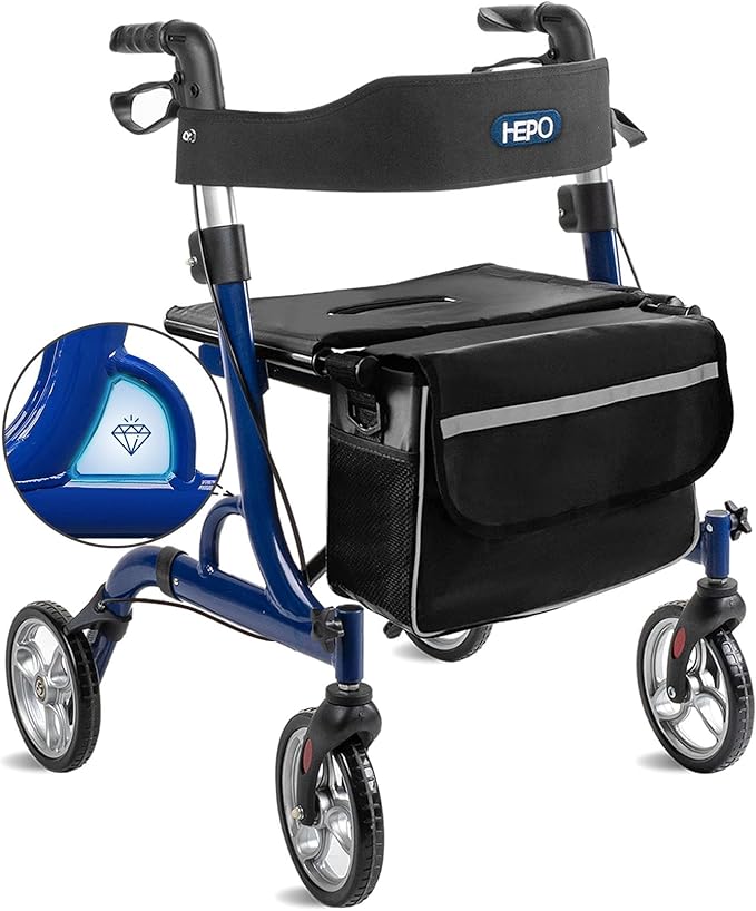 HEPO Rollator Walkers with Ergonomic Seat for Seniors,Foldable Rolling Walker with 8" All Terrain Wheels, Handles and Brakes for Seniors and Adult