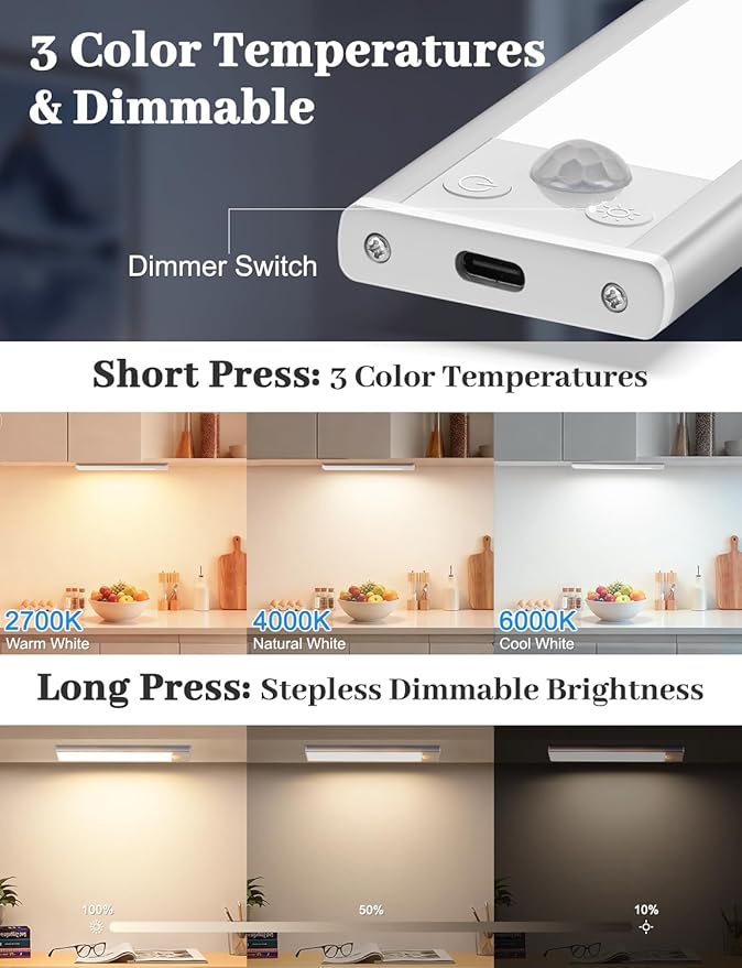 12in Under Cabinet Lighting with Charging Station, 2500mAh Rechargeable Wireless Motion Sensor Lights Indoor,Closet Lights with 3 Color Tempers, Battery Operated Cabinet Lights for Kitchen, 6-Pack