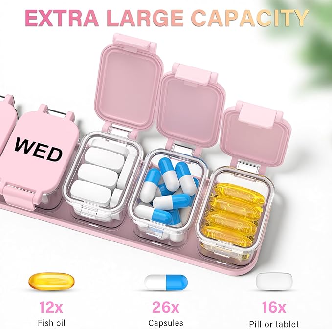 2-Pack Extra Large Weekly Pill Organizer 7-Day Travel Pill Box 7 Compartments
