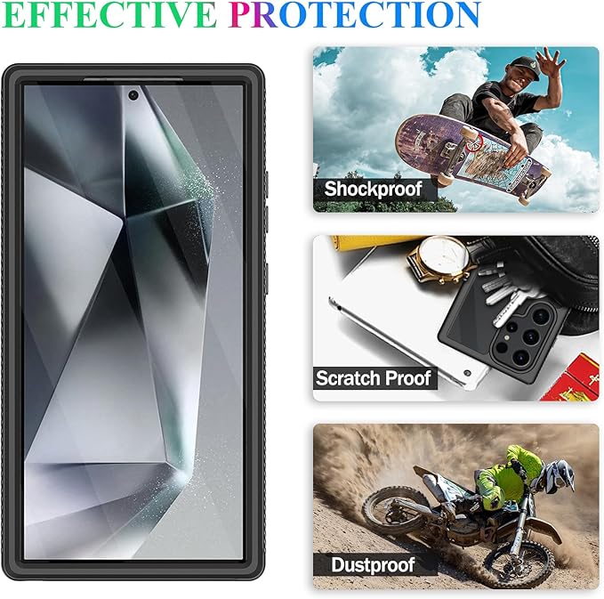 wahhle Compatible with Samsung Galaxy S24 Ultra Case, Built in Screen Protector Full Body Shockproof Slim Fit Bumper Protective Phone Cover 5G 6.8'' -Black/Clear