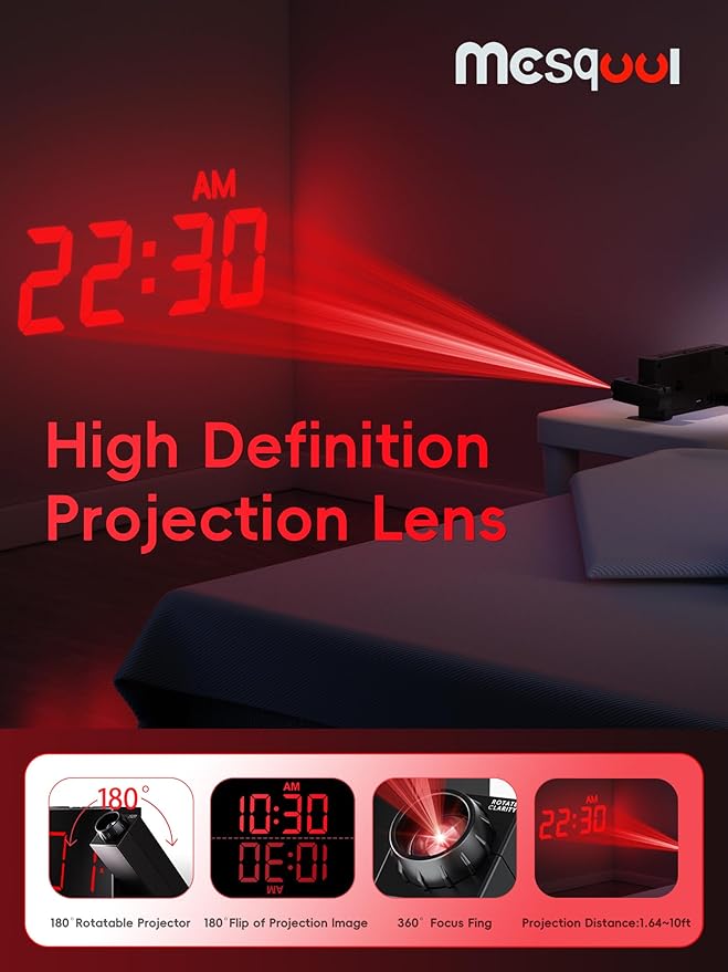 Mesqool Projection Alarm Clock, Digital Clock with 180° Rotatable Projector, 5-Level Brightness Dimmer, Clear LED Display, USB Charger, Progressive Volume, 9mins Snooze,12/24H, for Bedroom