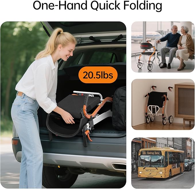 2 in 1 Walker Wheelchair Combo, Foldable Rollator Walkers for Seniors with Seat, Lightweight Rolling Walker with Height Adjustable, Easy Storage & Travel Walker Chair, No Installation, Orange