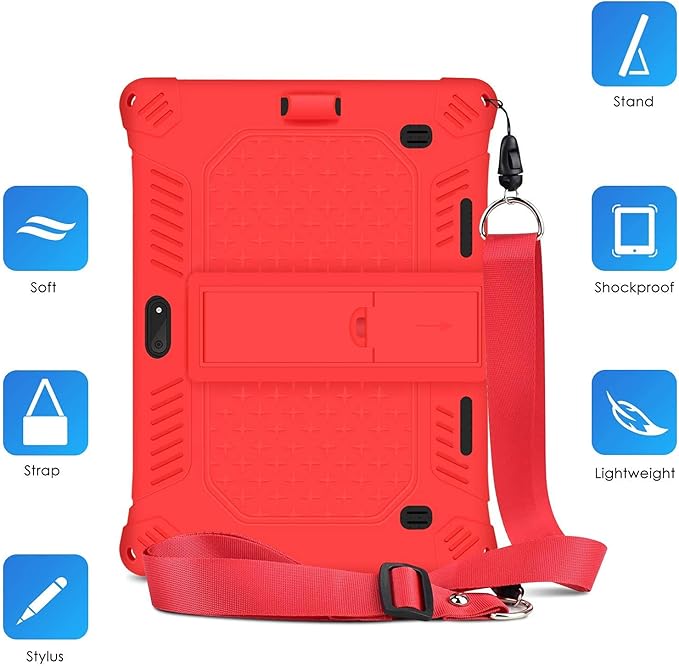 DETUOSI Case for YELLYOUTH 10.1 Tablet, Soft Silicone Lightweight Case Compatible with Dragon Touch Notepad K10, ZONKO 10.1, Beyond Tab 10.1, with Stylus Pen and Shoulder Strap, Red