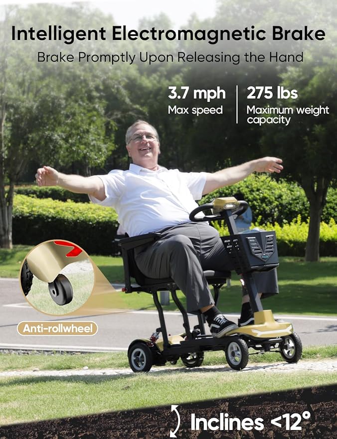 Mobility Scooter for Adults, Seniors - 37.5 lbs Ultra Lightweight Folding Mobility Scooters for Seniors Airport Approved, All Terrain 4 Wheel Motorized Scooter for Travel, 275 lbs Capacity, Gold