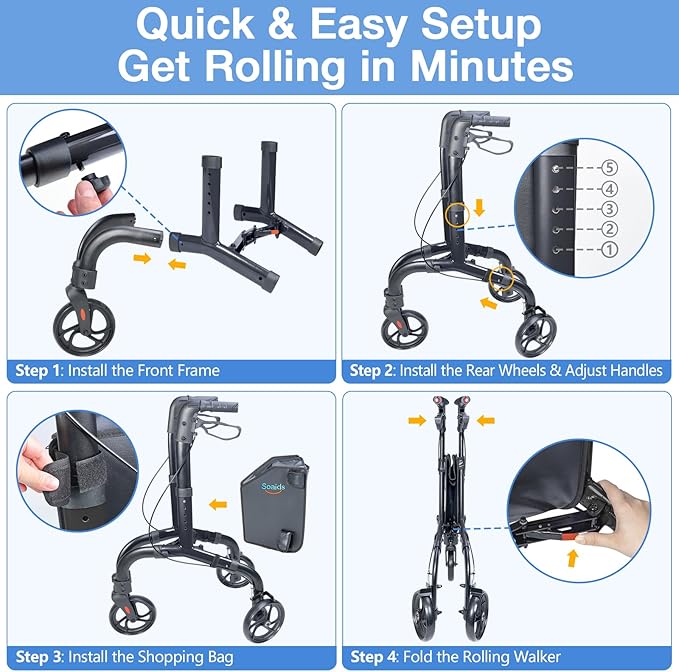 3 Wheel Walkers for Seniors with Bag and Hand Brakes, Lightweight Foldable Rollator with Swivel Front Wheel, Adjustable Height, Compact Mobility Aid for Elderly, Indoor Outdoor Use (Black)