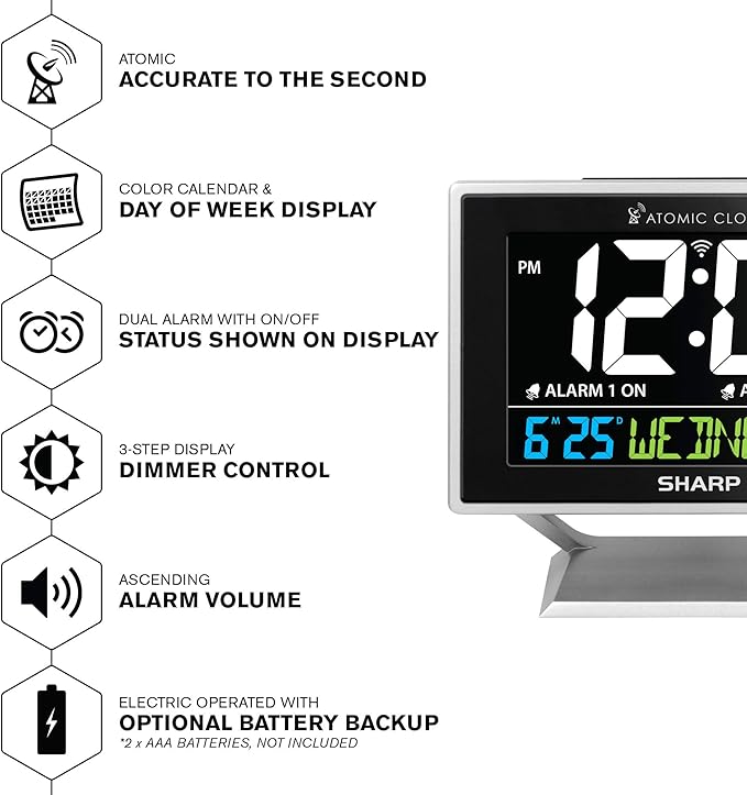 Sharp Desktop Dual Alarm Clock with Color Display - Atomic Accuracy - Calendar & Day of Week Time/Date Display