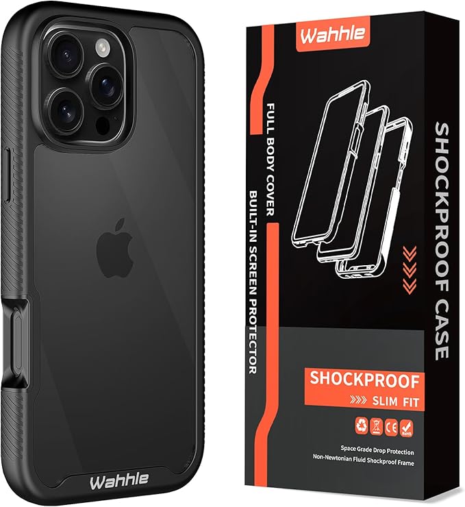 wahhle Compatible with iPhone 16 Pro Max Case, Built in Screen Protector Full Body Shockproof Slim Fit Bumper Protective Phone Cover 6.9'' Men Women-Black/Clear
