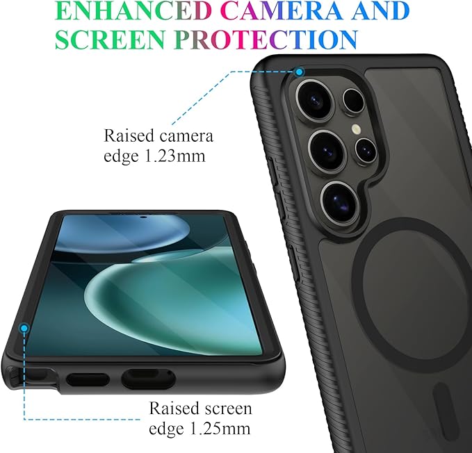 wahhle Compatible with Samsung Galaxy S25 Ultra Case, Magnetic Wireless Charging Built in Screen Protector Full Body Shockproof Slim Fit Bumper Protective Phone Cover for S25 Ultra-Black/Clear