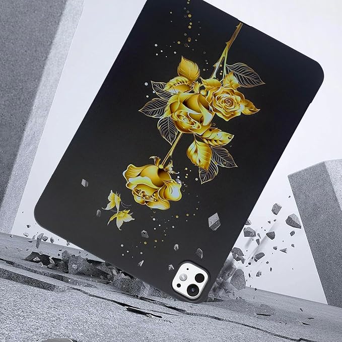Dteck for iPad Pro 11 Inch (M4/M5) Ultra Thin Case 2024/2025 Release, Cute Cartoon Lightweight Soft Silicone TPU Slim Tablet Cover, Protective Shockproof Scratch Resistant Shell, Gold Rose Flower
