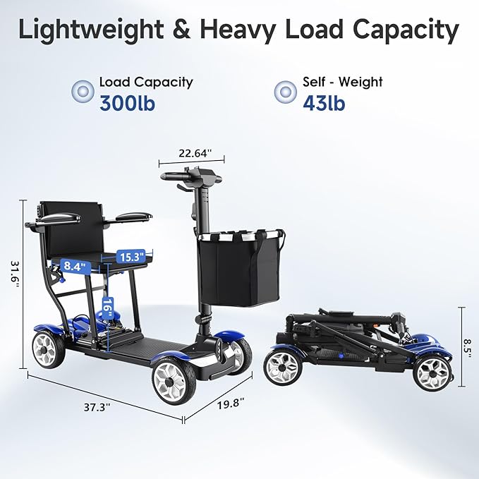 Mobility Scooter – Lightweight, Foldable, Intelligent Electric Control Motor 270W for Seniors & Adults | Powered Mobility Scooters - Blue